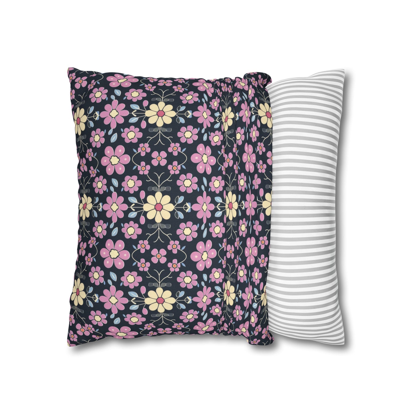 Charming Pastel Pink and Yellow Flowers on Navy Blue Background Spun Polyester Square Pillowcase 4 Sizes