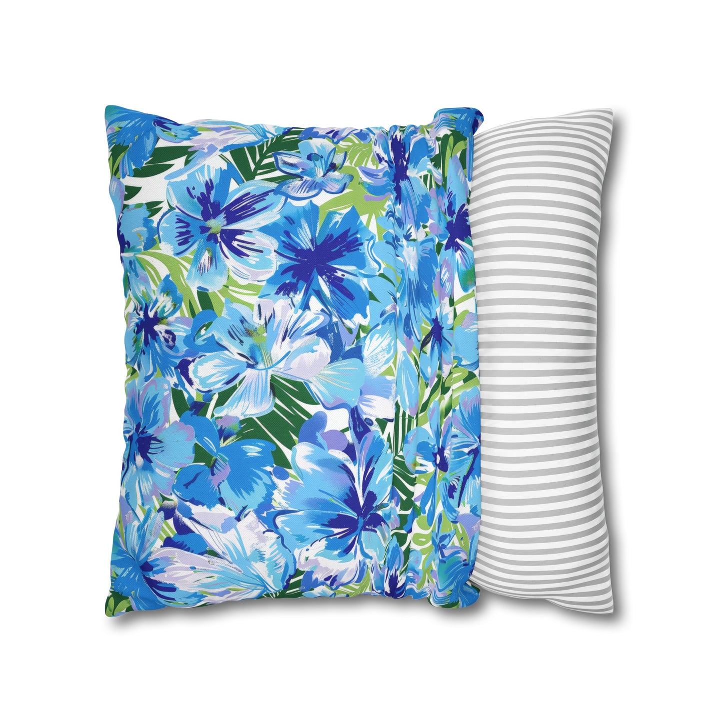 Azure Bloom Oasis: Bright Blue Large Flowers with Lush Green Palm Leaves Spun Polyester Square Pillowcase 4 Sizes