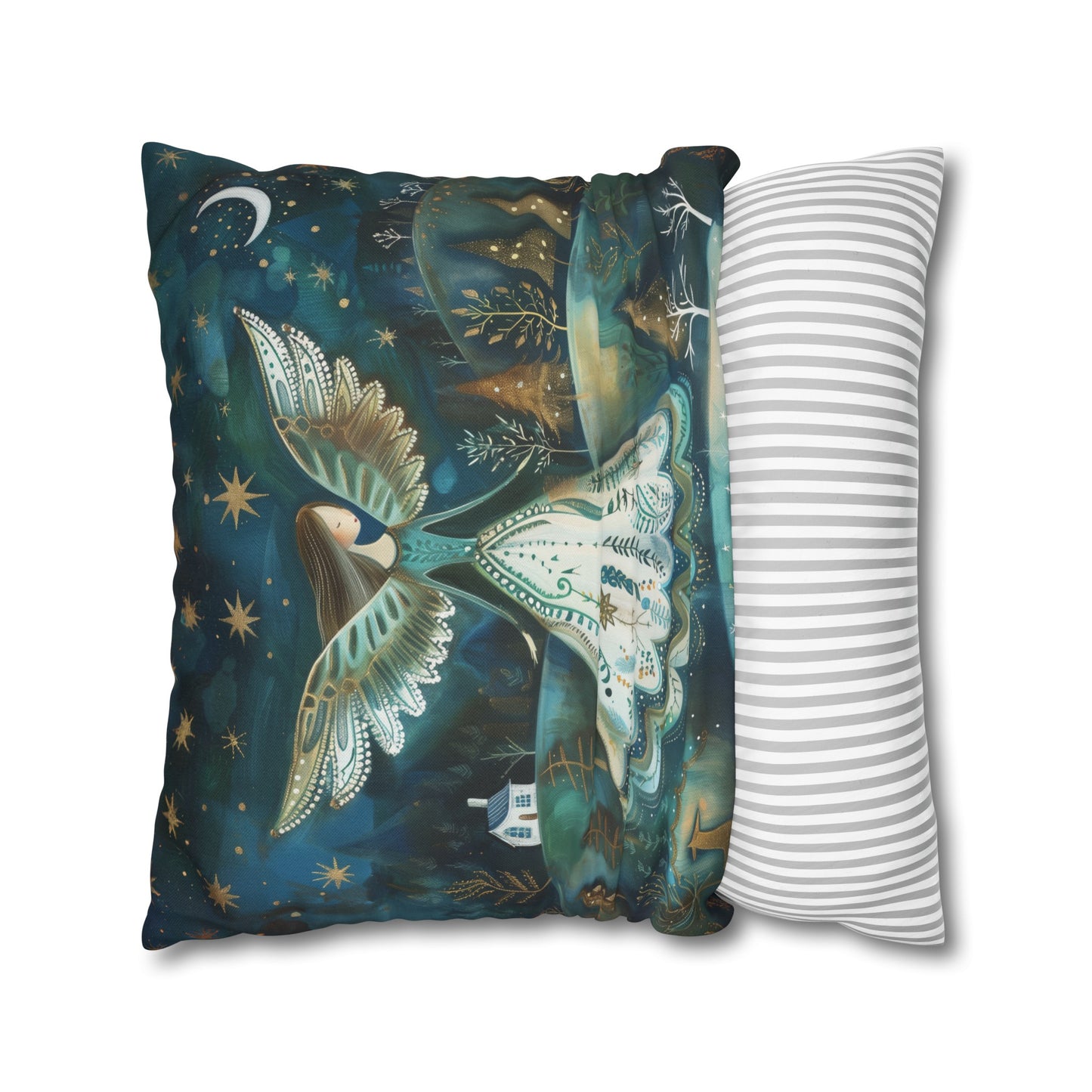 Starry Serenade: Angel in Flowing Dress Amidst a Starry Night Spun Polyester Square Pillowcase 4 Sizes