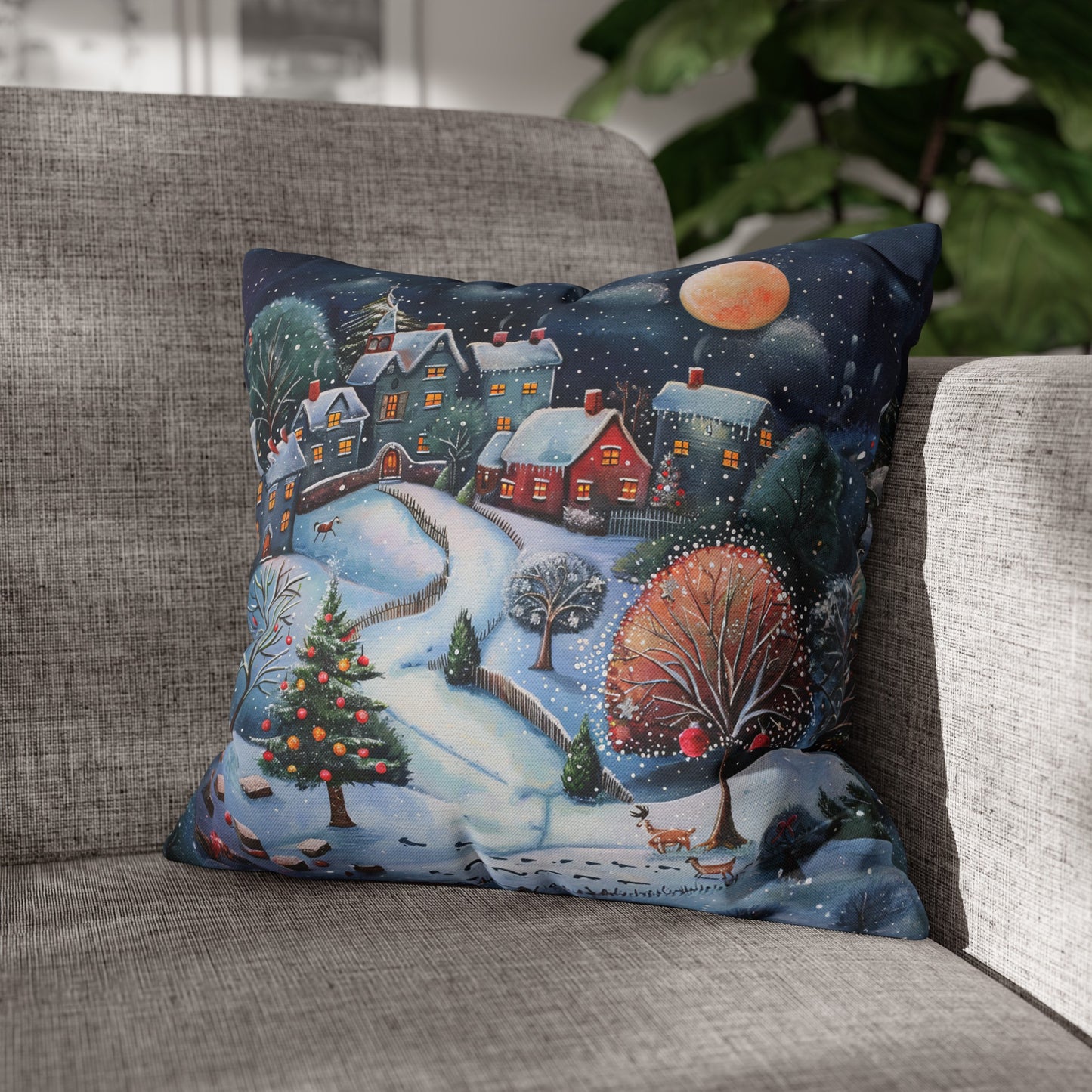 Snowy Serenade: Town at Winter Night with Reindeer Amidst the Snow  Spun Polyester Square Pillowcase 4 Sizes