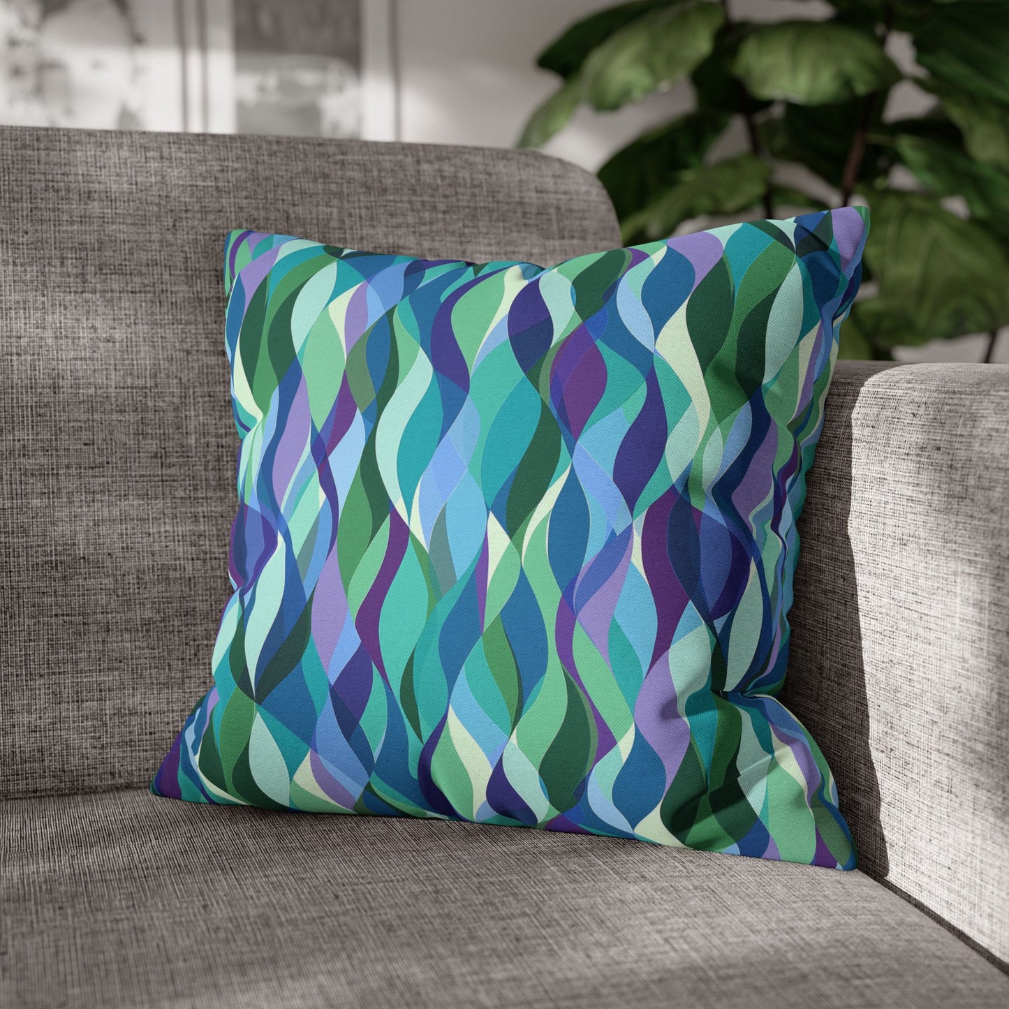 Modern Mosaic Art Ocean Waves of Blue and Green Spun Polyester Square Pillowcase 4 Sizes