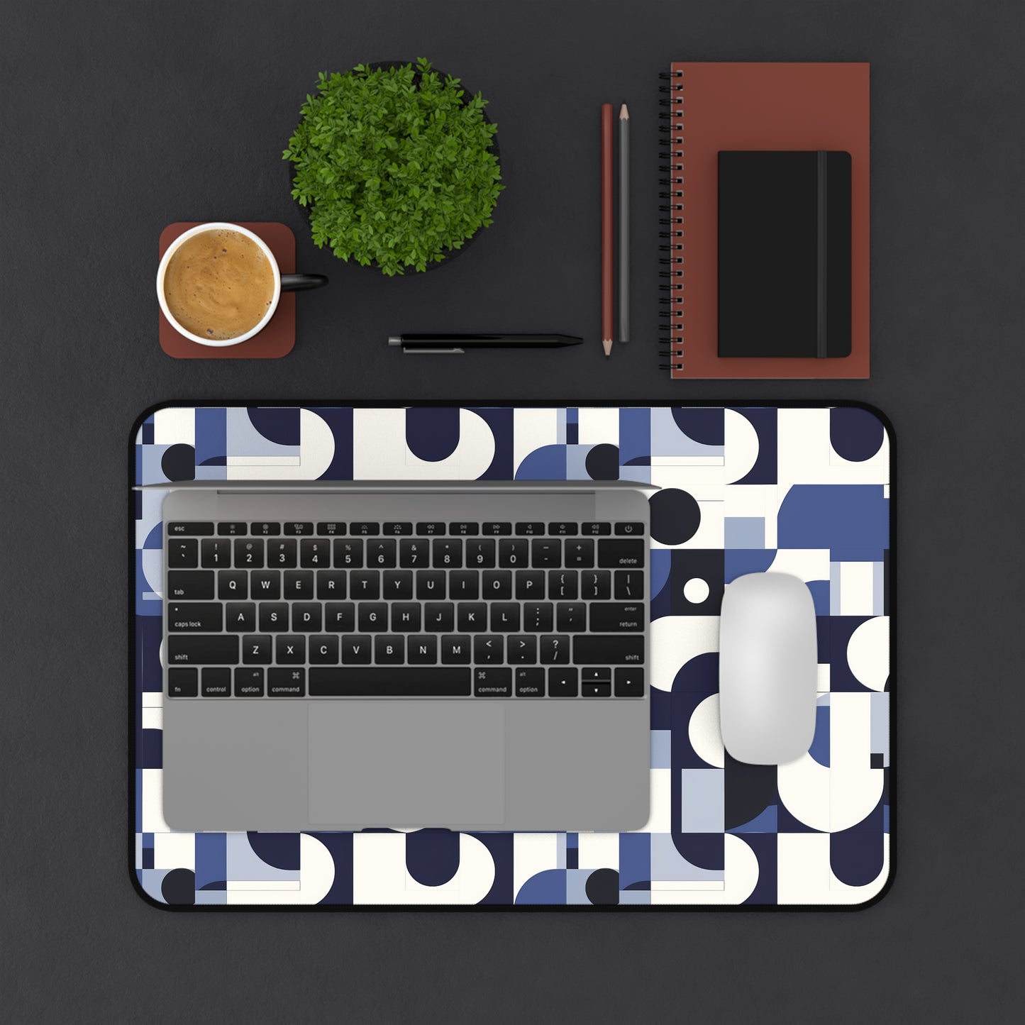 Navy Blue and White Mid-Century Modern Design Extended Gaming Mouse Pad  Desk Mat  - 3 Sizes