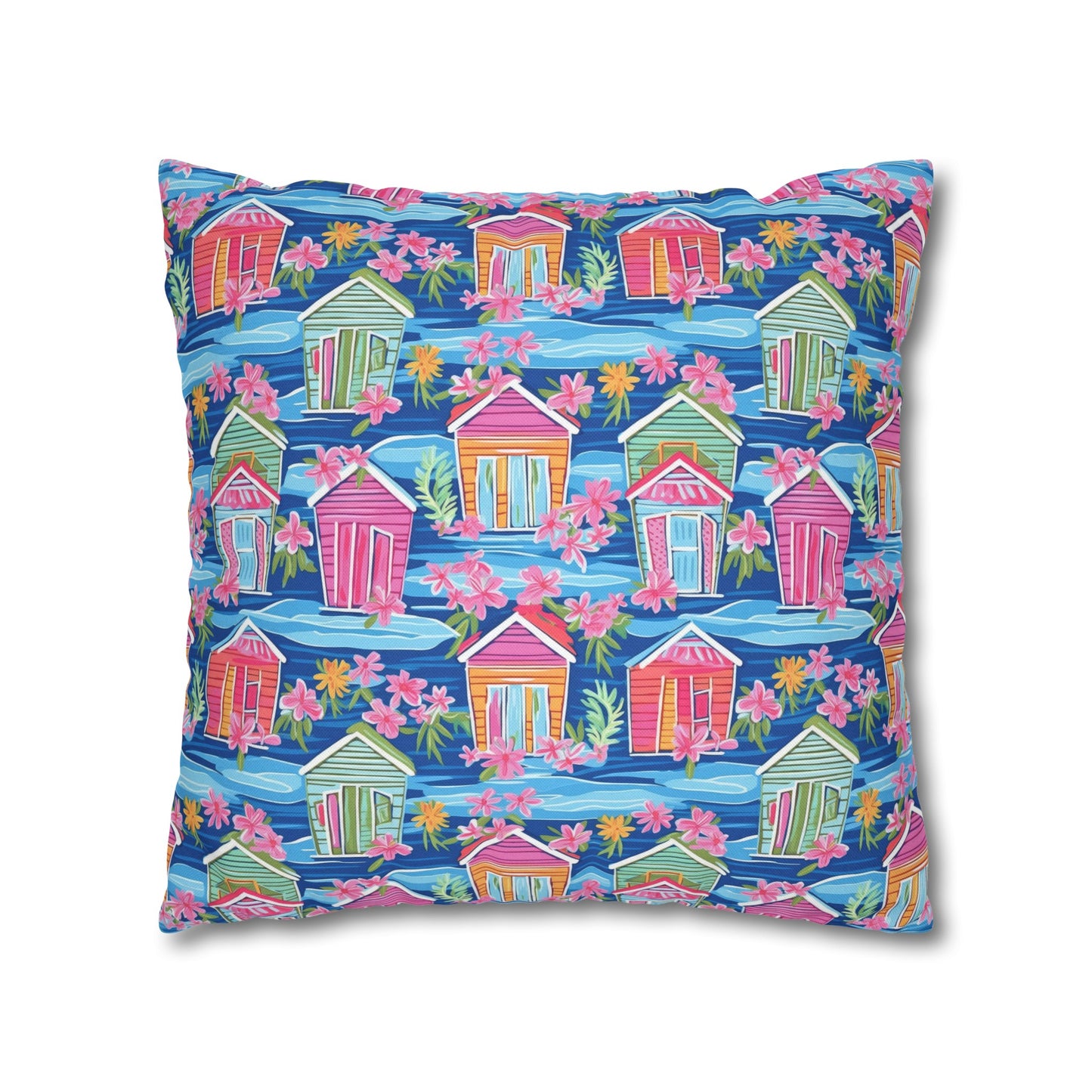 Seaside Serenade: Watercolor Beach Houses Amidst Blooming Florals Spun Polyester Square Pillowcase 4 Sizes