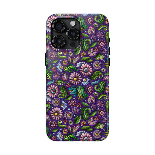 Purple & Pink Daisy Floral Print Purple Background Iphone Tough Phone Case