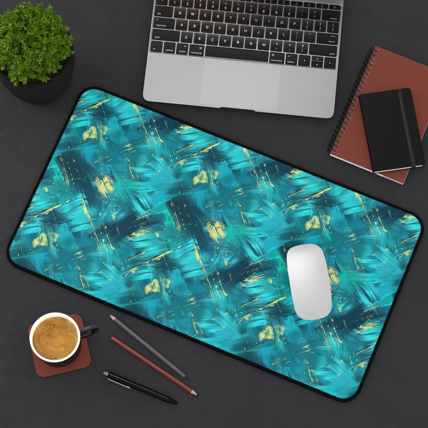 Vibrant Teal and Gold Abstract Brushstroke Pattern Extended Gaming Mouse Pad  Desk Mat  - 3 Sizes