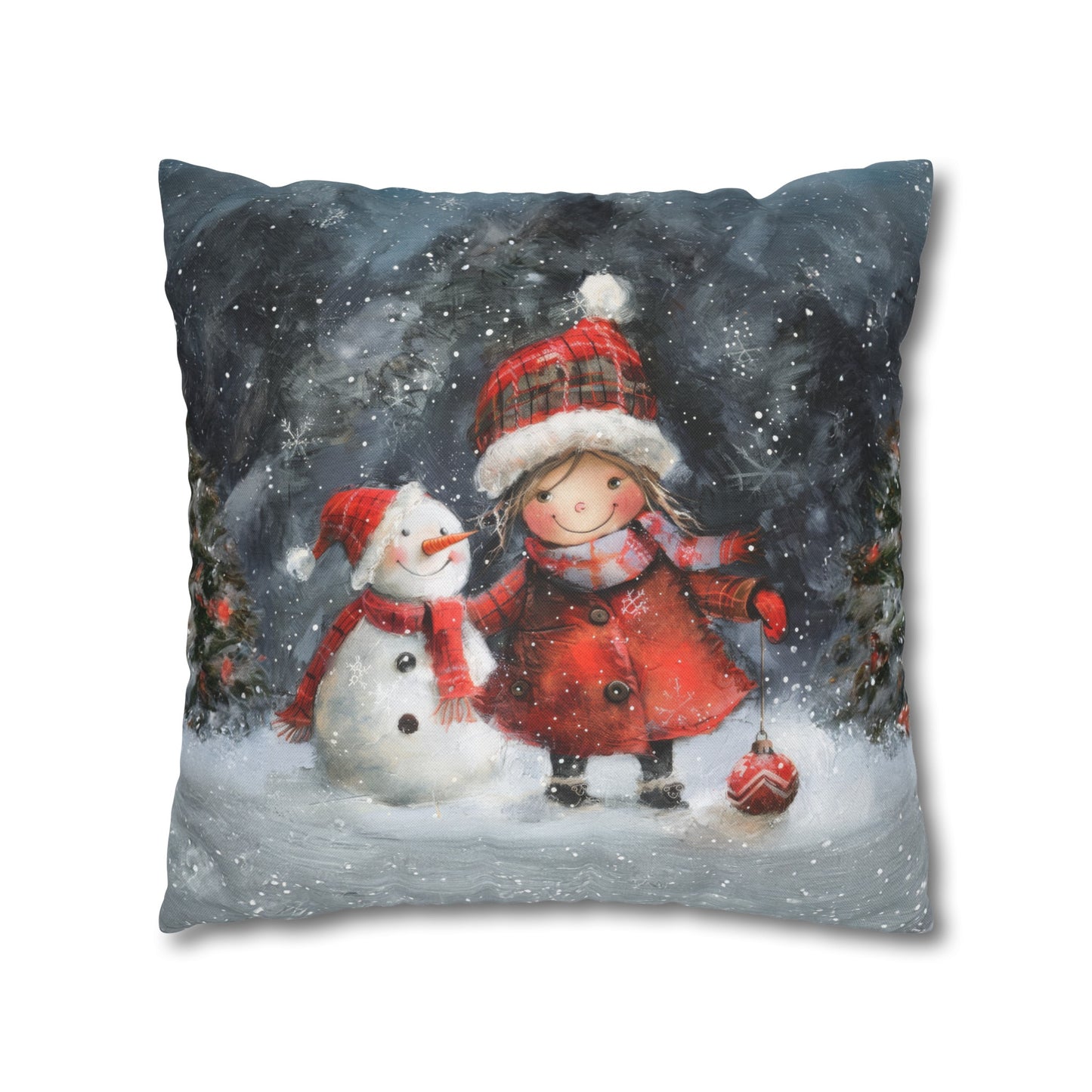 Frosty Friends: Little Girl Standing with Snowman on a Snowy Night Spun Polyester Square Pillowcase 4 Sizes