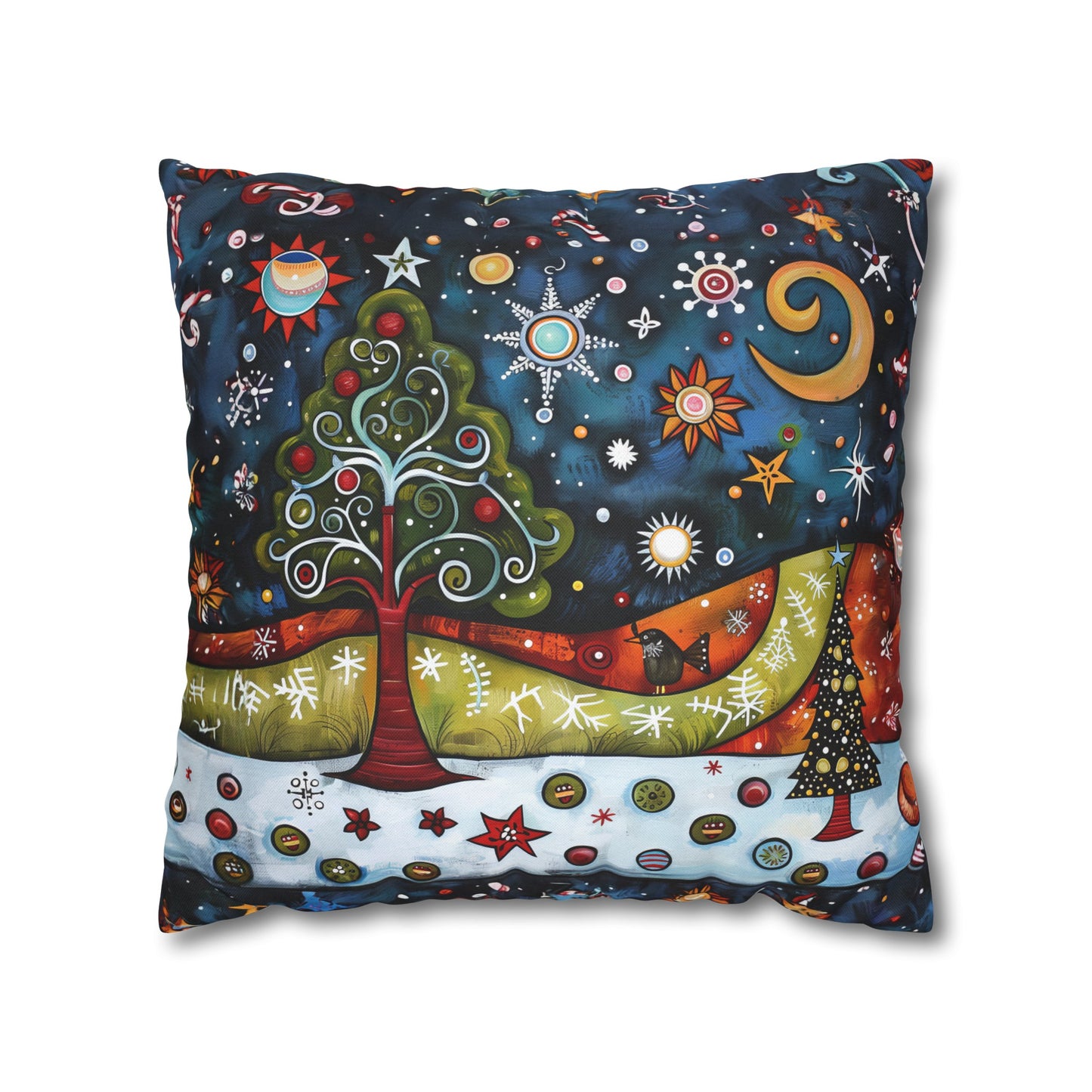 Whimsical Winter Village: Abstract Folk Art Christmas Scene Spun Polyester Square Pillowcase 4 Sizes