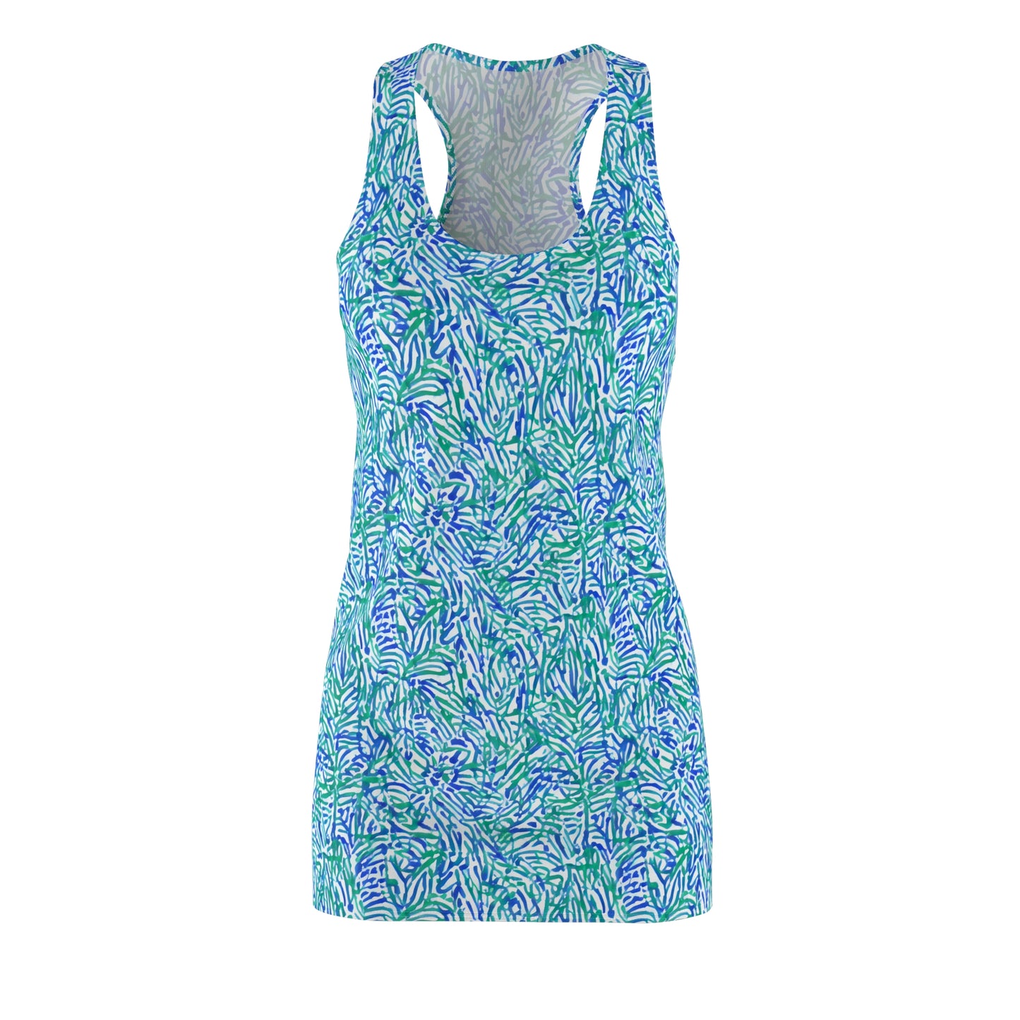 Tropical Fusion: Abstract Palm Leaves in Lime Green and Blue Hues Women's Racerback Dress XS - 2XL