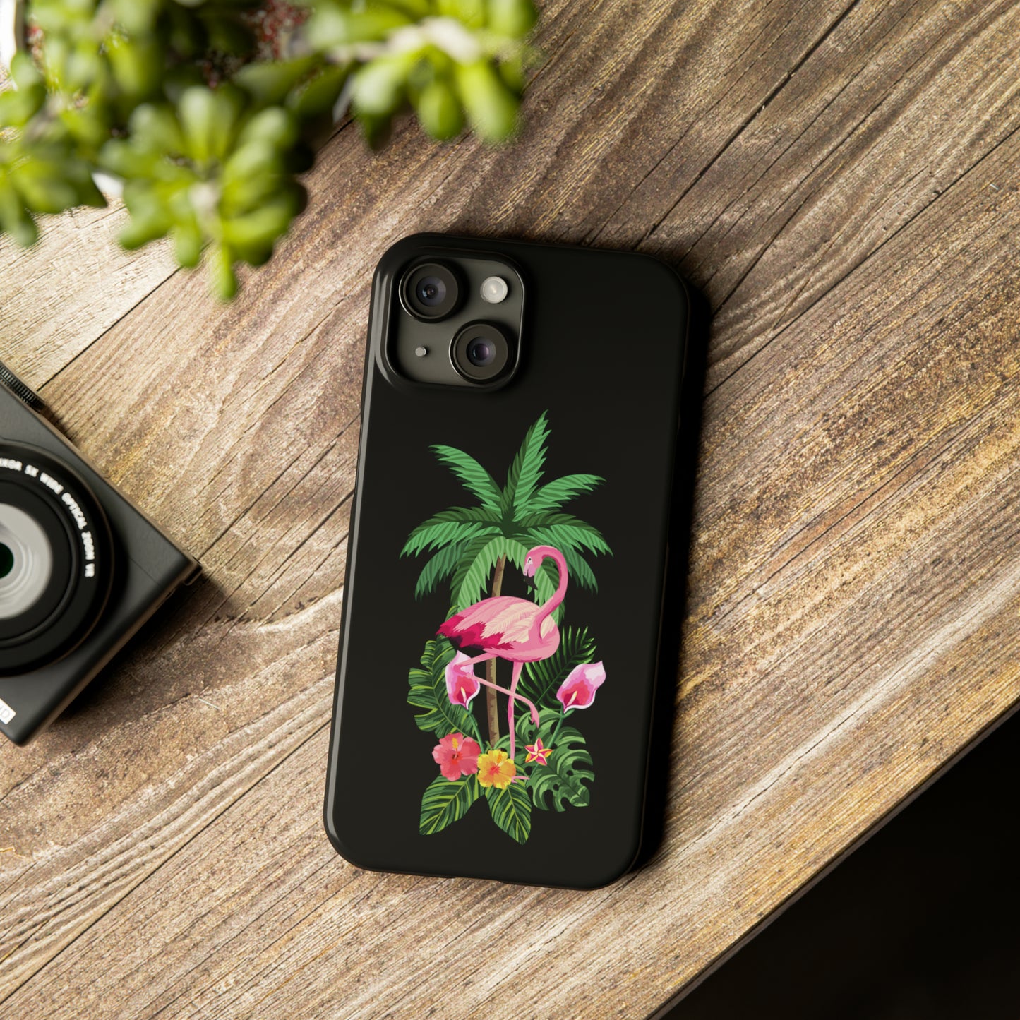 Tropical Pink Flamingo and Flowers Black Background Iphone 15-12 Slim Phone Case