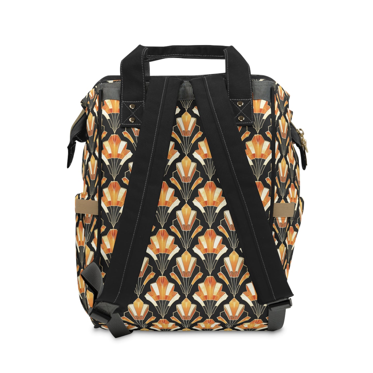 Art Deco Inspired Streamlined Geometric Florals in Orange and Black Multifunctional Diaper Backpack