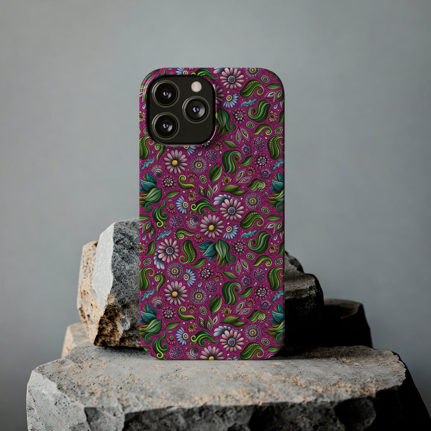 Purple & Pink Daisy Floral Print Hot Pink Background Iphone 15-12 Slim Phone Case