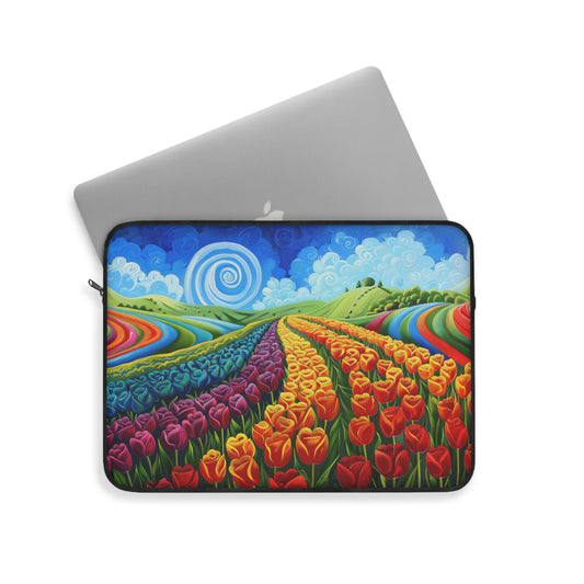 Rainbow Fields Forever Whimsical Landscape with Swirling Sky and Tulips Laptop or Ipad Protective Sleeve 3 Sizes Available