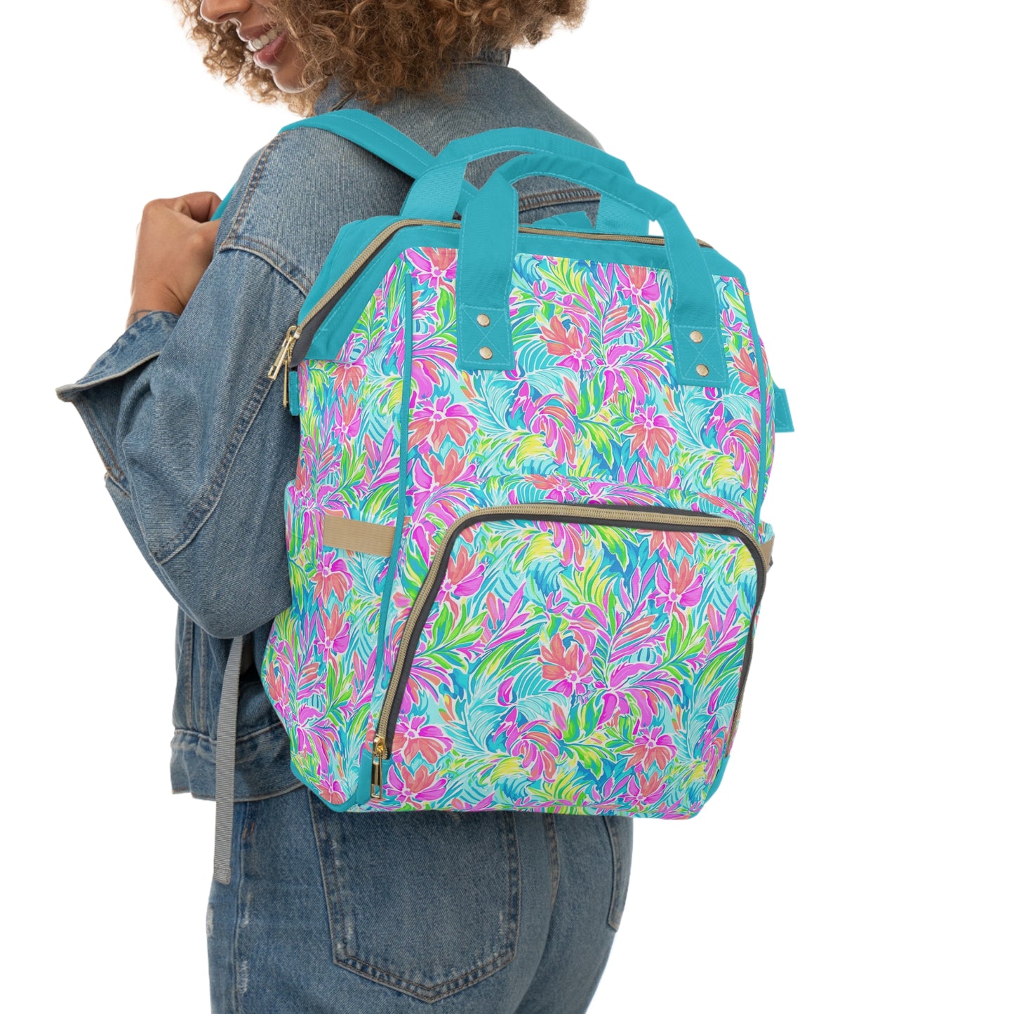 Neon Tropics: Vibrant Rainbow Flowers and Palm Leaves in Electric Splendor Multifunctional Diaper Backpack