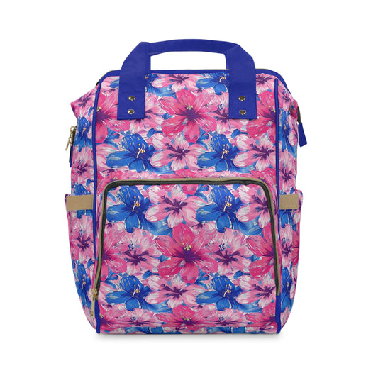 Blooming Bliss: Large Pink and Blue Blossoms in Full Bloom Multifunctional Diaper Backpack