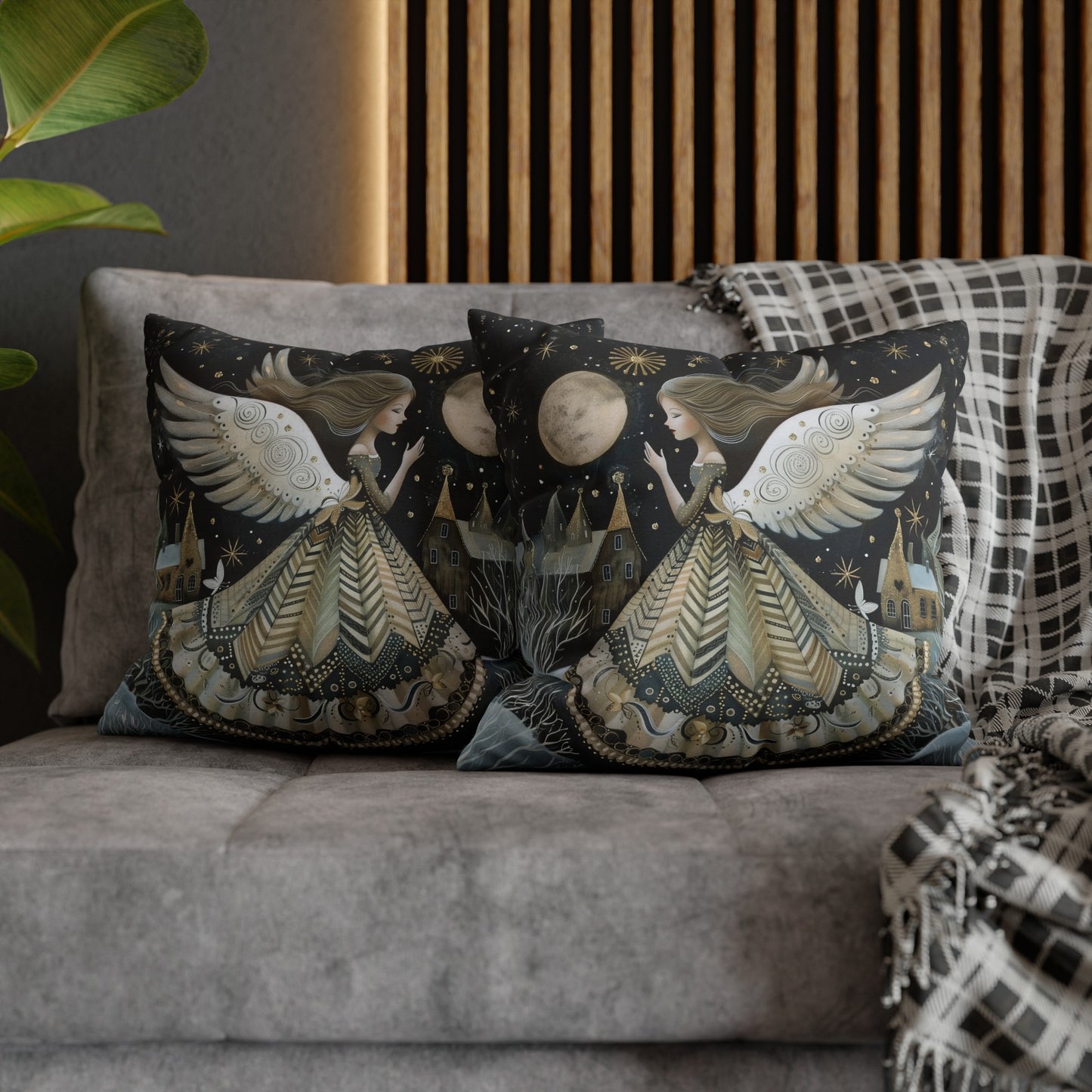 Frosty Angelic Glow: Angel Illuminated by Moonlight on a Snowy Night Spun Polyester Square Pillowcase 4 Sizes