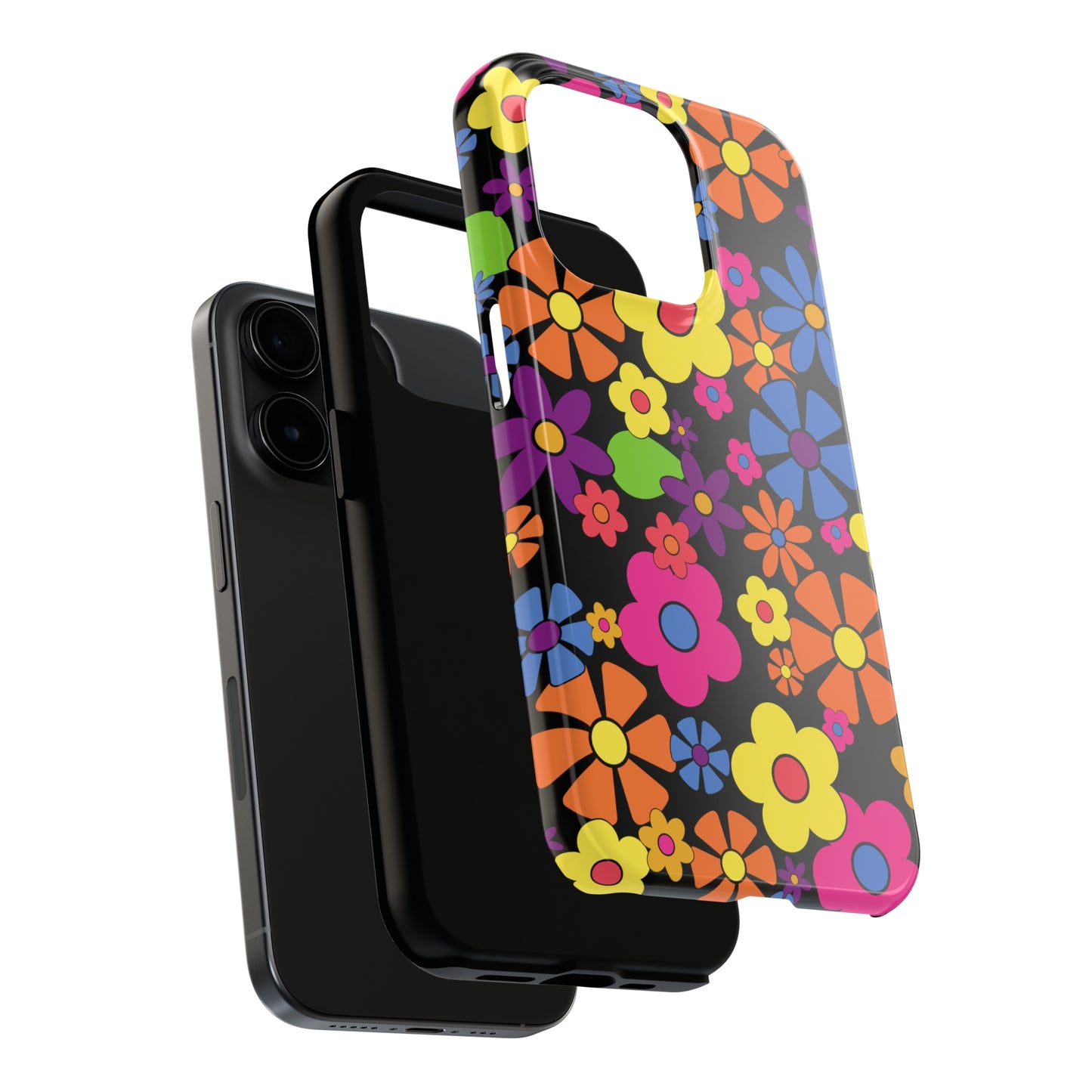 Flower Power Design on Black Background Iphone Tough Phone Case