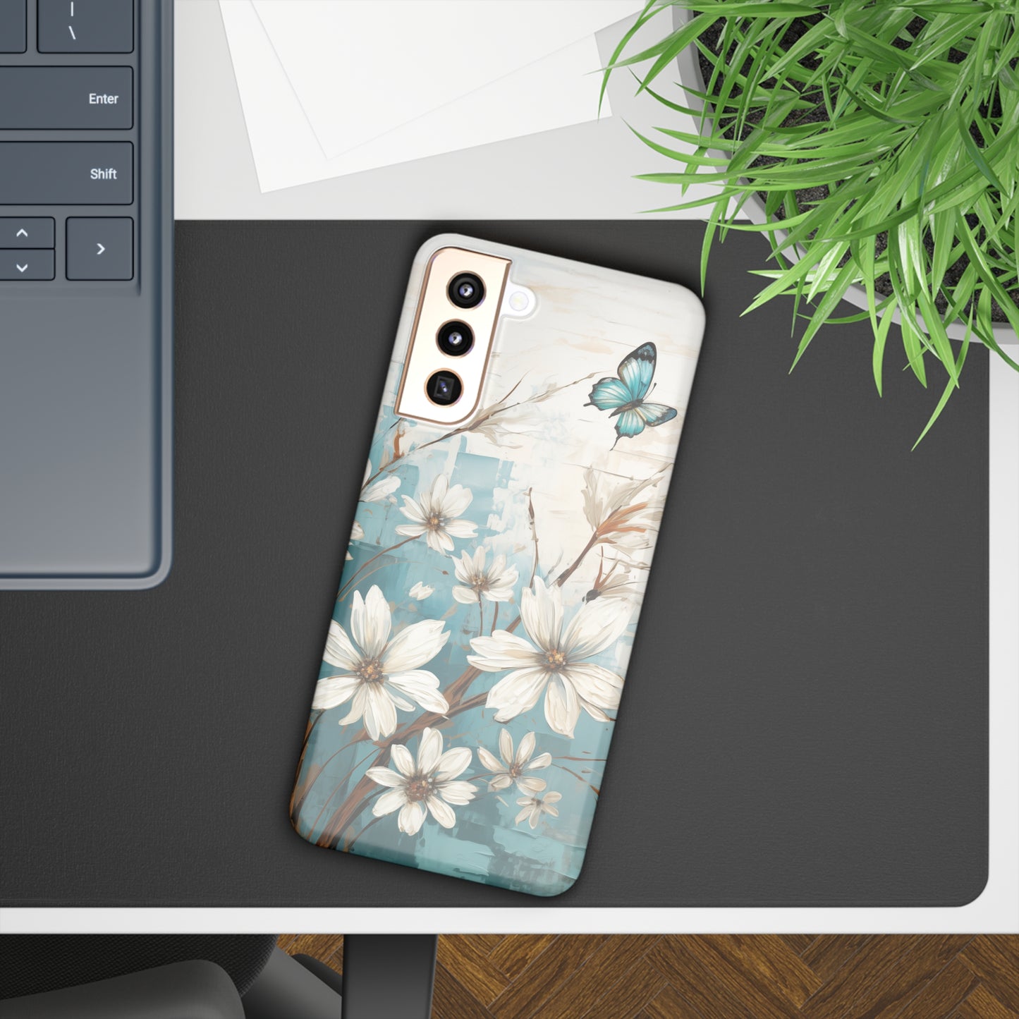 Rustic Farmhouse White and Teal Wild Daisies and Butterflies Samsung Slim Cases