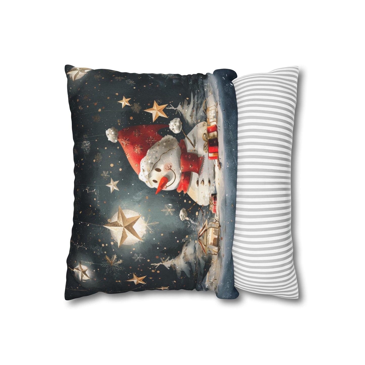 Moonlit Frost: Snowman Basking in Moonlight Surrounded by Presents Spun Polyester Square Pillowcase 4 Sizes