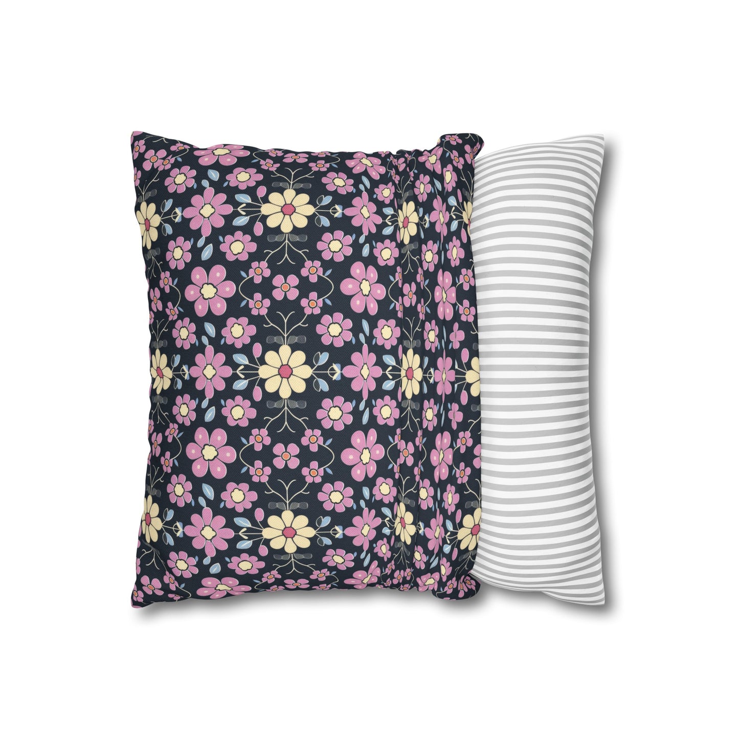 Charming Pastel Pink and Yellow Flowers on Navy Blue Background Spun Polyester Square Pillowcase 4 Sizes