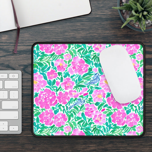 Springtime Whispers: Tiny Birds and Pink Blooms, Subtle Blue Accents, and Lush Green Leaves Gaming Mouse Pad with Finished Edges