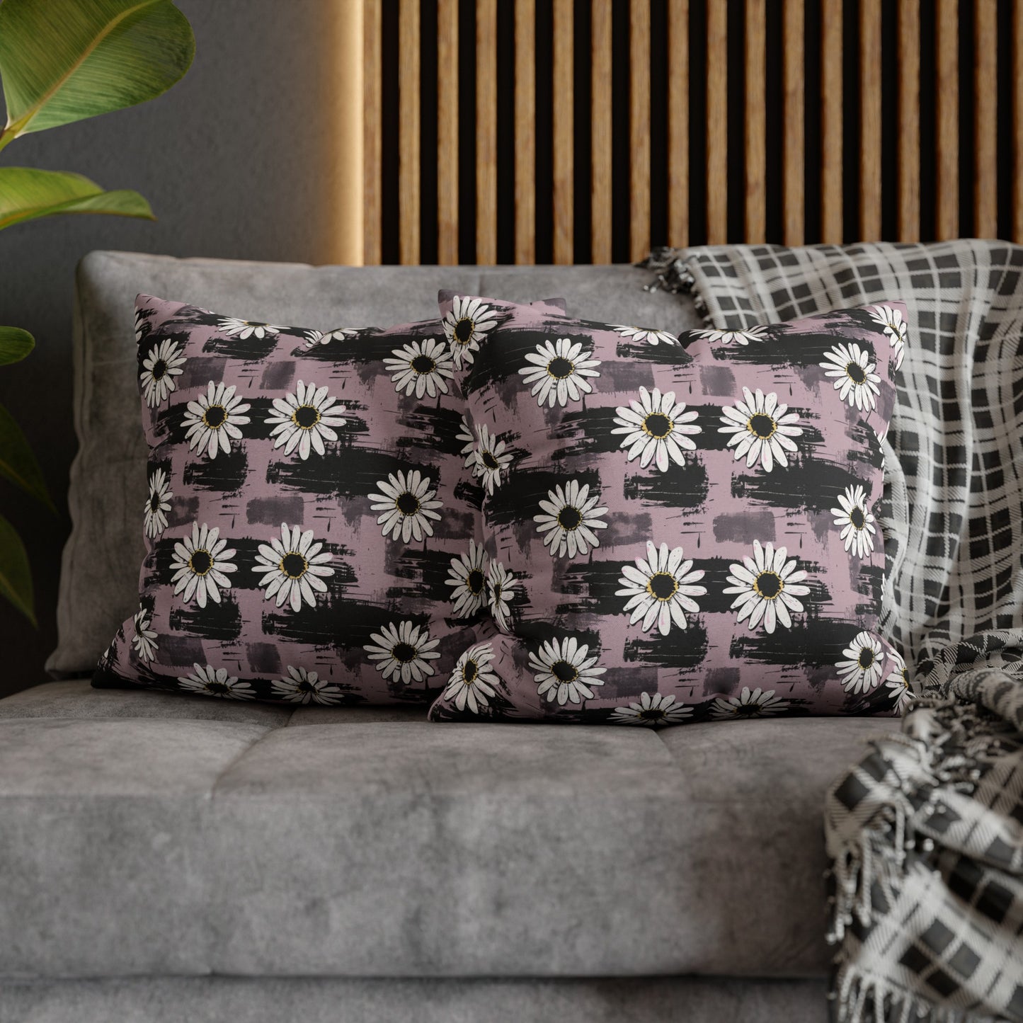 Edgy Daisy Dream with Pink and Black Grunge Spun Polyester Square Pillowcase 4 Sizes