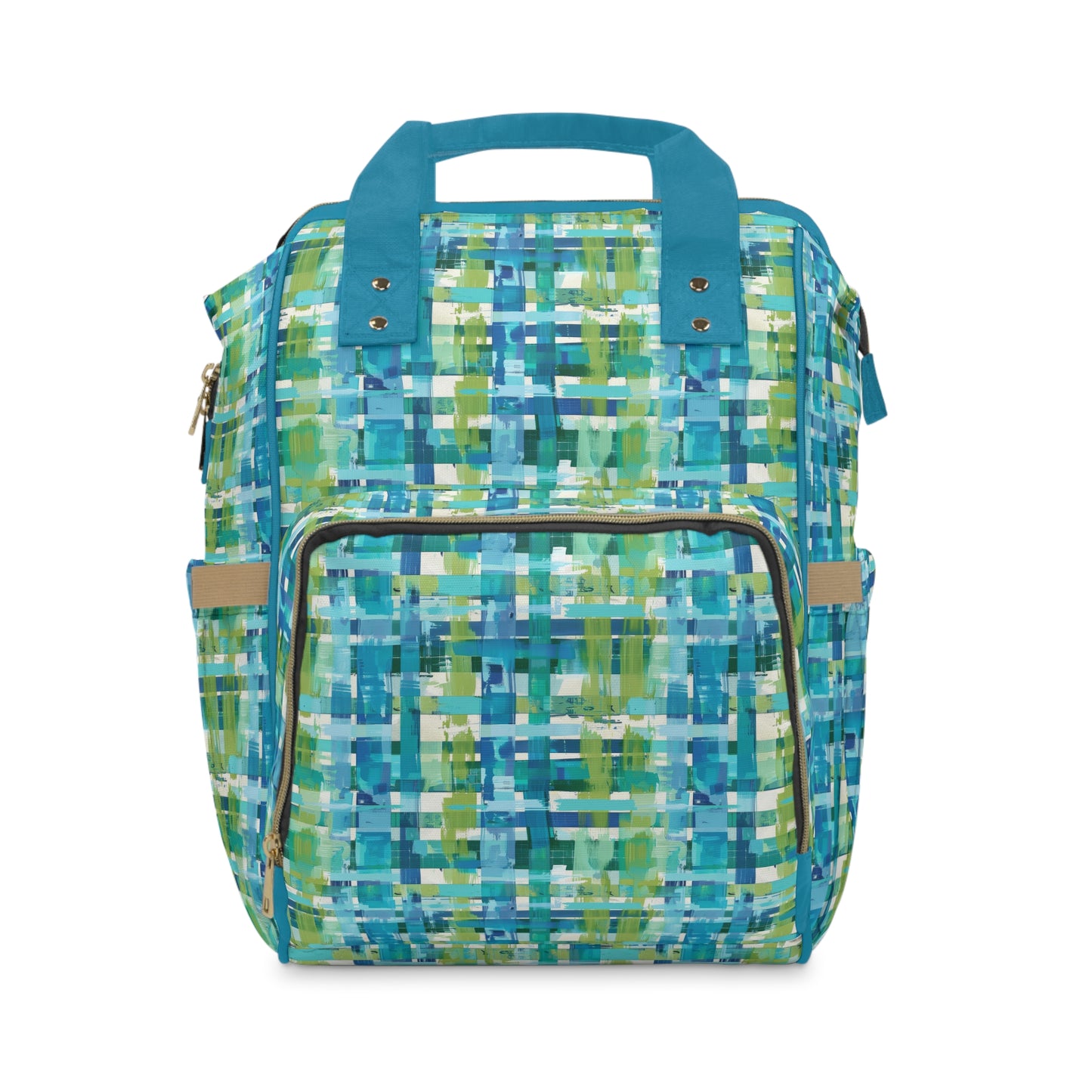 Enchanted Lagoon: Vibrant Green and Blue Abstract Plaid Multifunctional Diaper Backpack