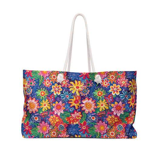 Fluttering Kaleidoscope: Vibrant Multicolor Flowers and Butterflies in Flight Oversized Weekender Bag