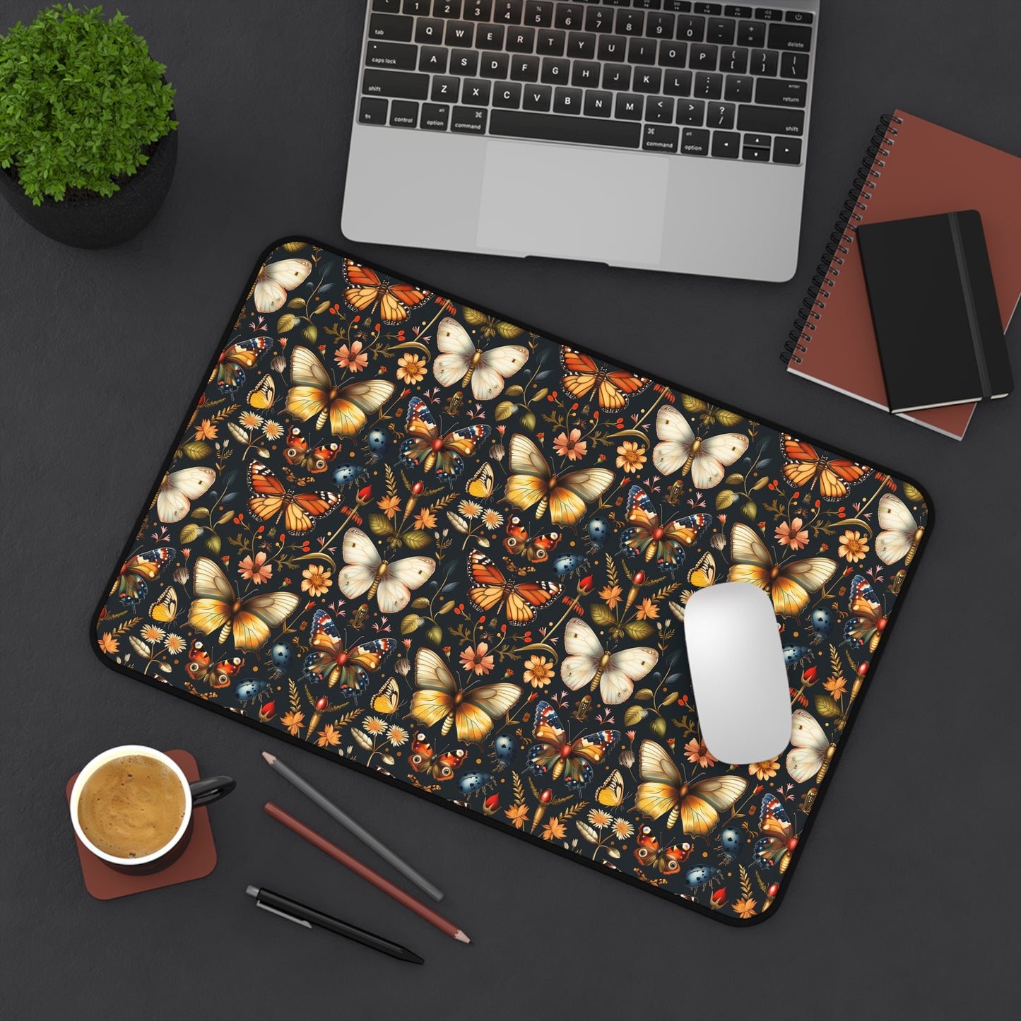 Enchanted Garden of Butterflies and Botanicals in Rich Autumn Hues on a Deep Night Background Extended Gaming Mouse Pad Desk Mat - 3 Sizes