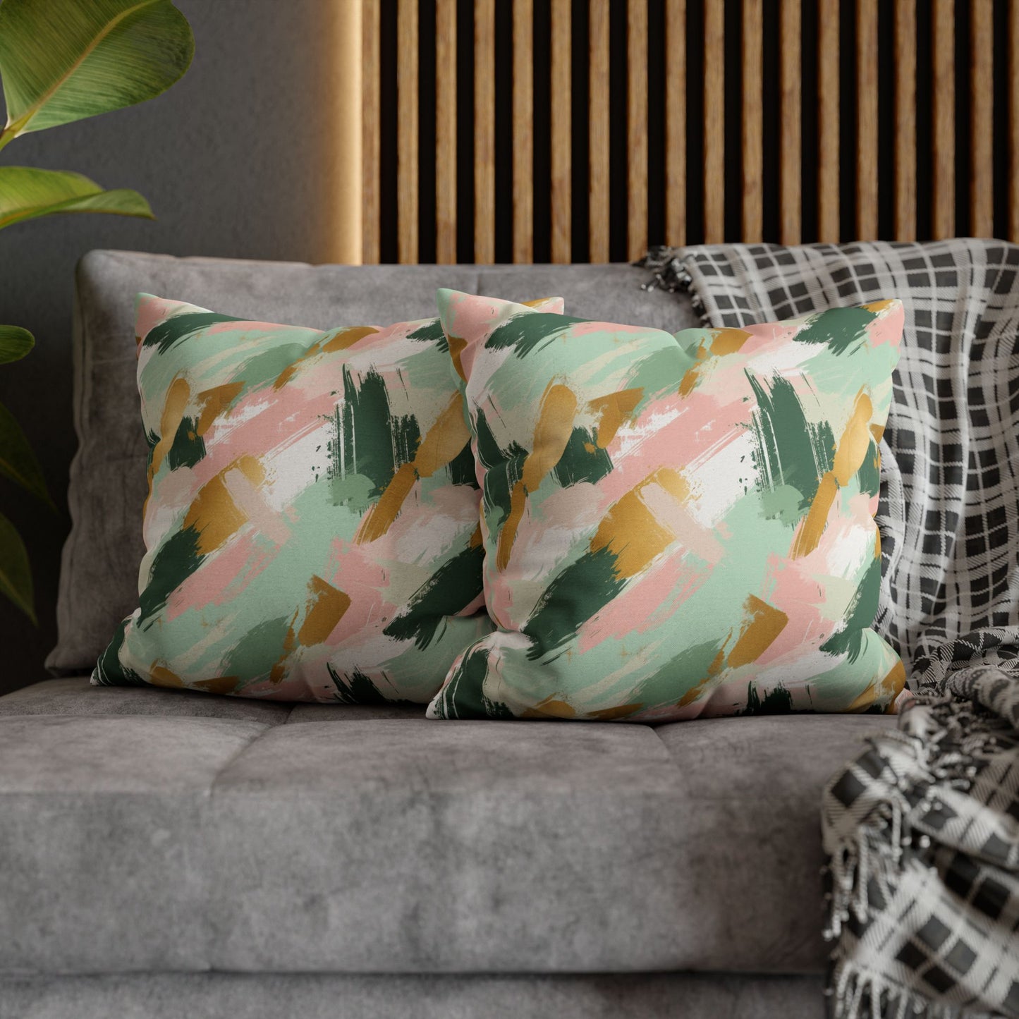 Spring Brushstrokes Abstract in Light Green, Pink, and Gold Spun Polyester Square Pillowcase 4 Sizes