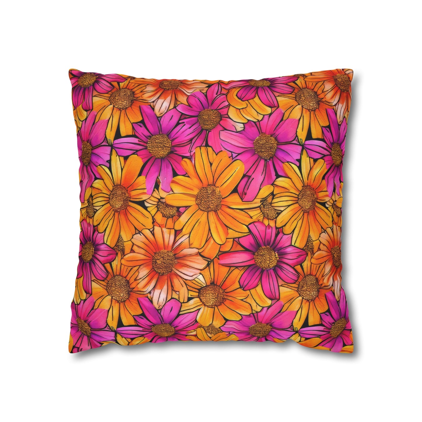 Vibrant Daisy Delight with Bold Orange and Pink Spun Polyester Square Pillowcase 4 Sizes