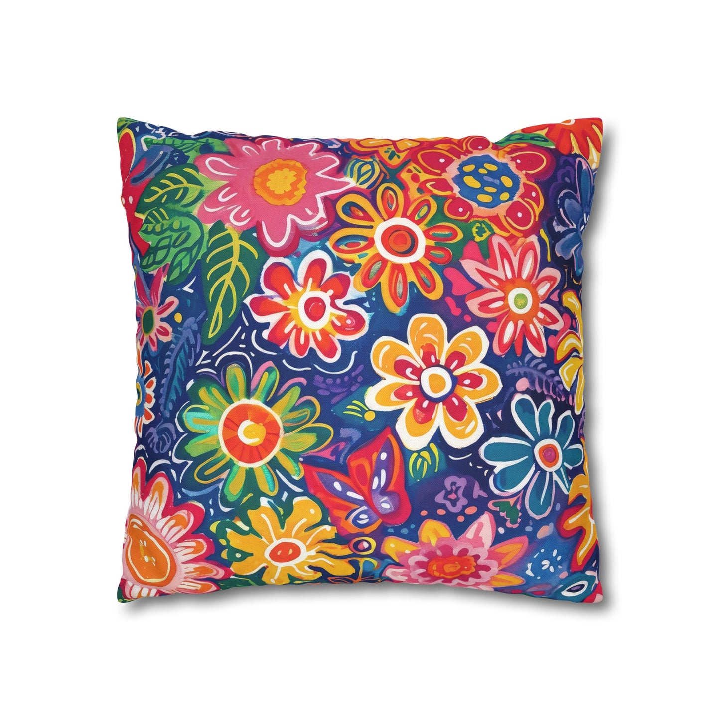 Fluttering Kaleidoscope: Vibrant Multicolor Flowers and Butterflies in Flight Spun Polyester Square Pillowcase 4 Sizes