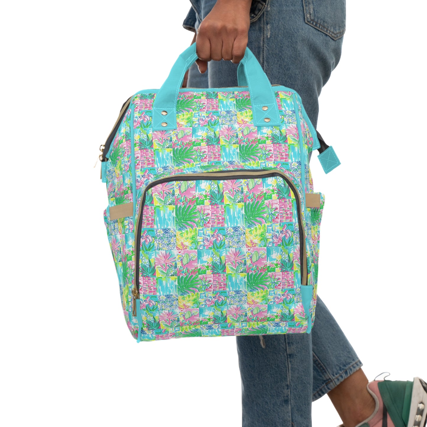 Whimsical Palm Trees and Flowers in Vibrant Pink, Teal, and Green Collage Multifunctional Diaper Backpack