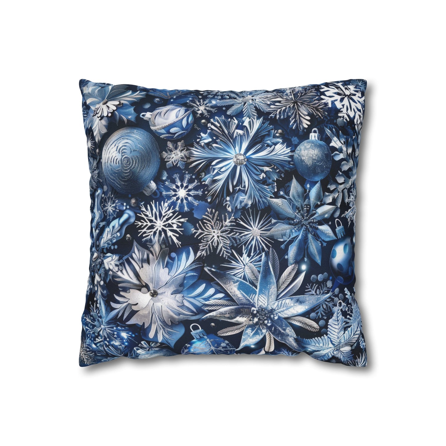 Winter Wonderland Festive Blue and Silver Snowflakes and Ornaments Spun Polyester Square Pillowcase 4 Sizes