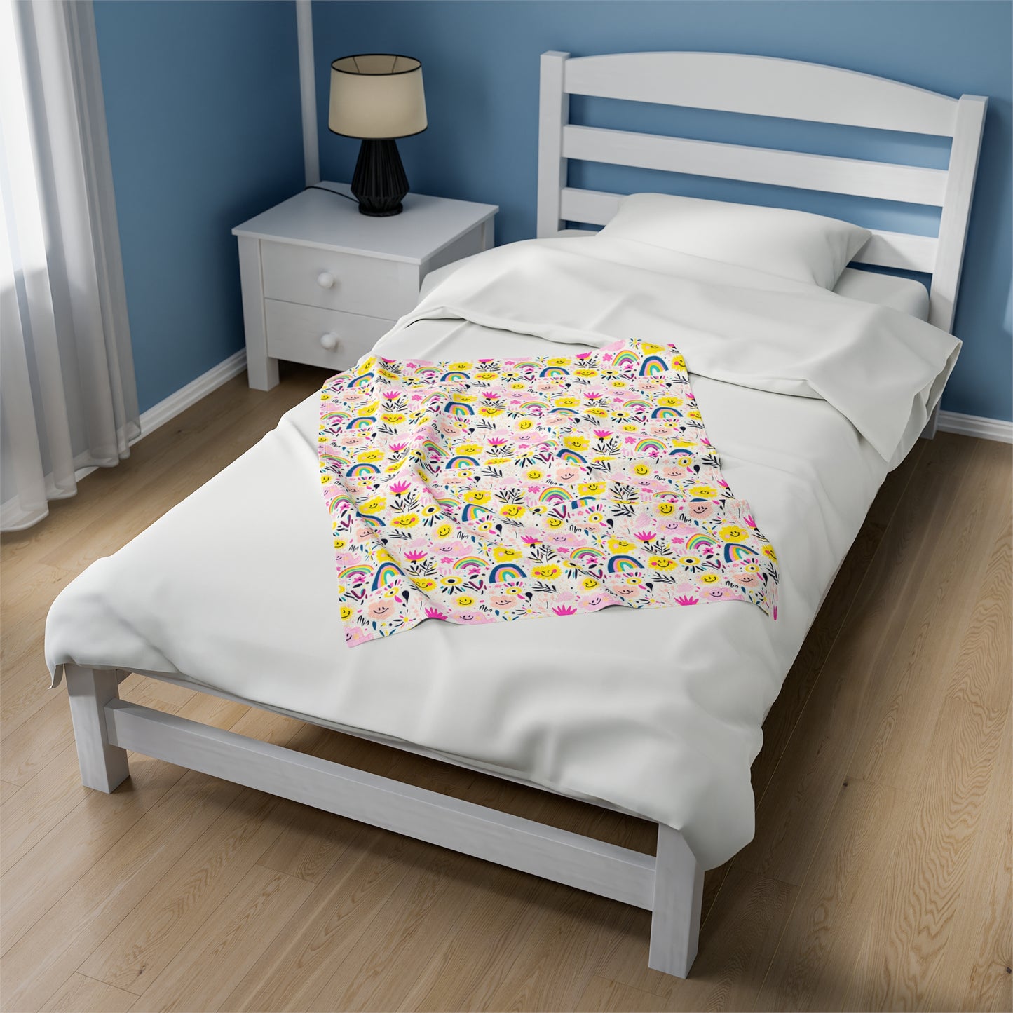 Retro Joy of Whimsical Smiling Flowers, Rainbows, and Playful Patterns Velveteen Plush Blanket 3 Sizes