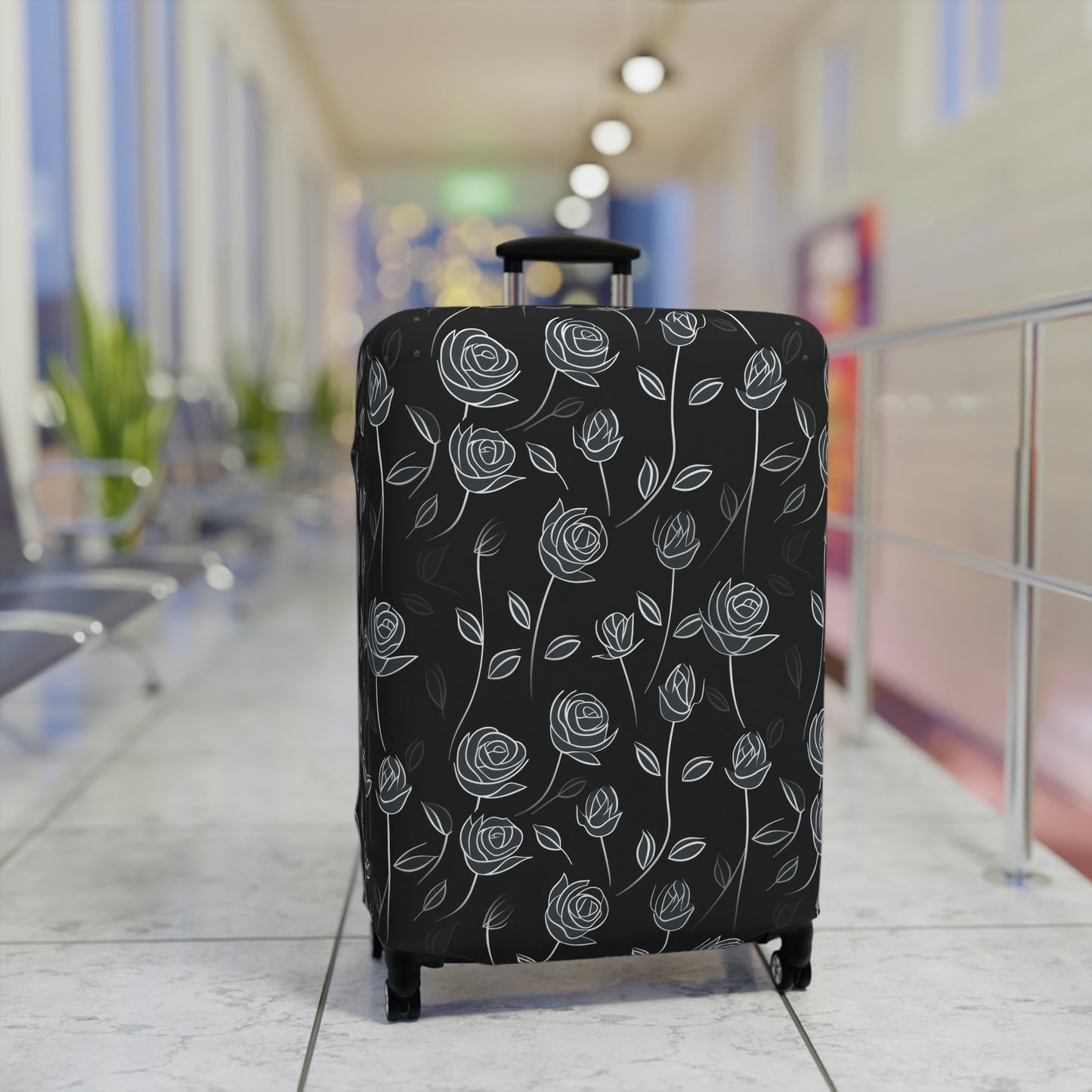 Contrasting Elegance: White Outlined Roses on a Black Background  - Luggage Protector and Cover 3 Sizes