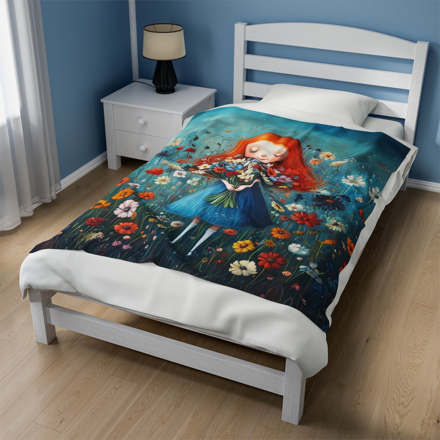 Radiant Redhead Girl with a Bouquet of Wildflowers Velveteen Plush Blanket 3 Sizes