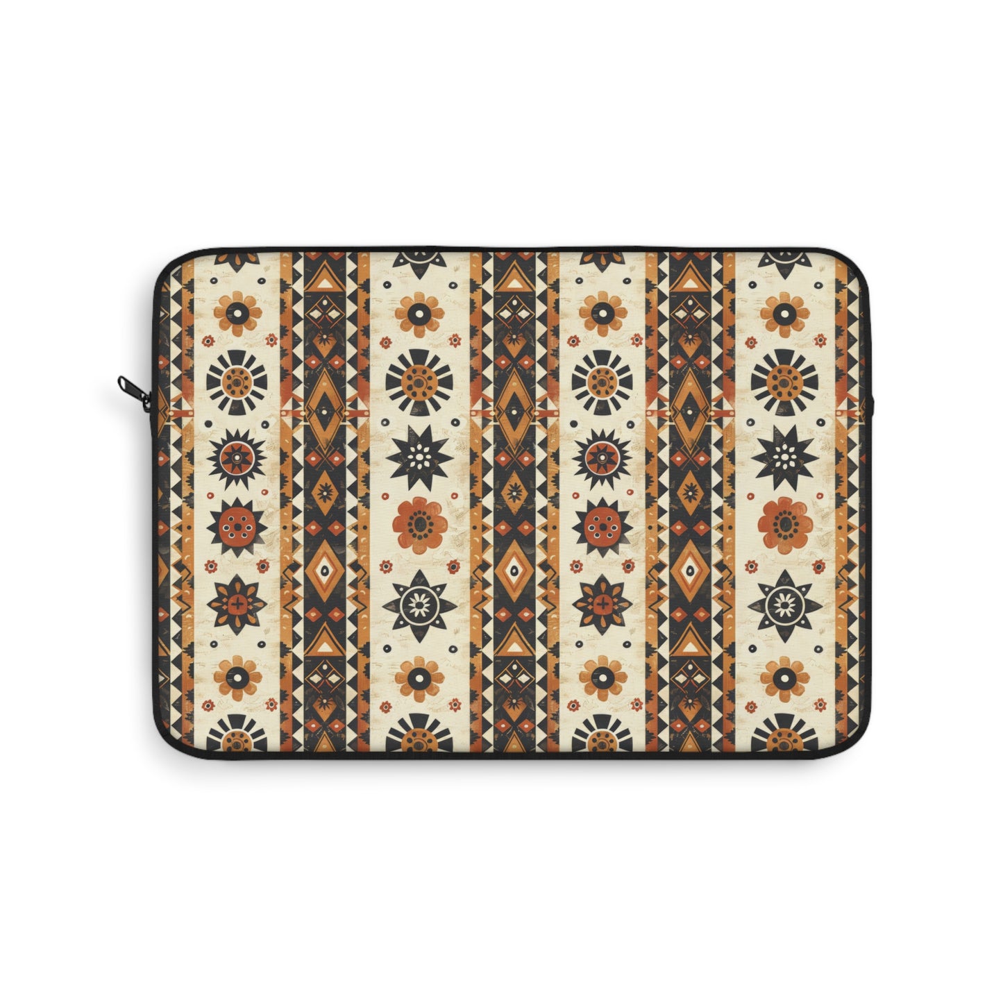 Bohemian Intricate Geometric and Floral Folk Design in Burnt Orange, Deep Brown, and Creamy Beige Laptop or Ipad Protective Sleeve 3 Sizes Available