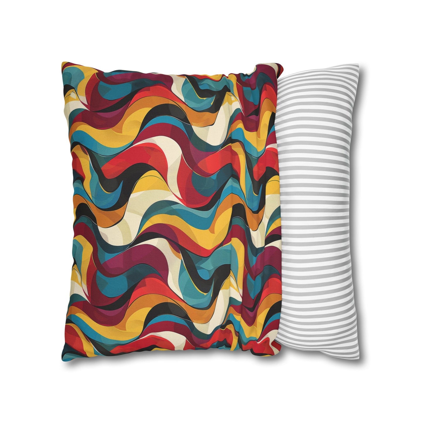 Retro Chic Vintage Blues, Reds and Yellow Waves Spun Polyester Square Pillowcase 4 Sizes