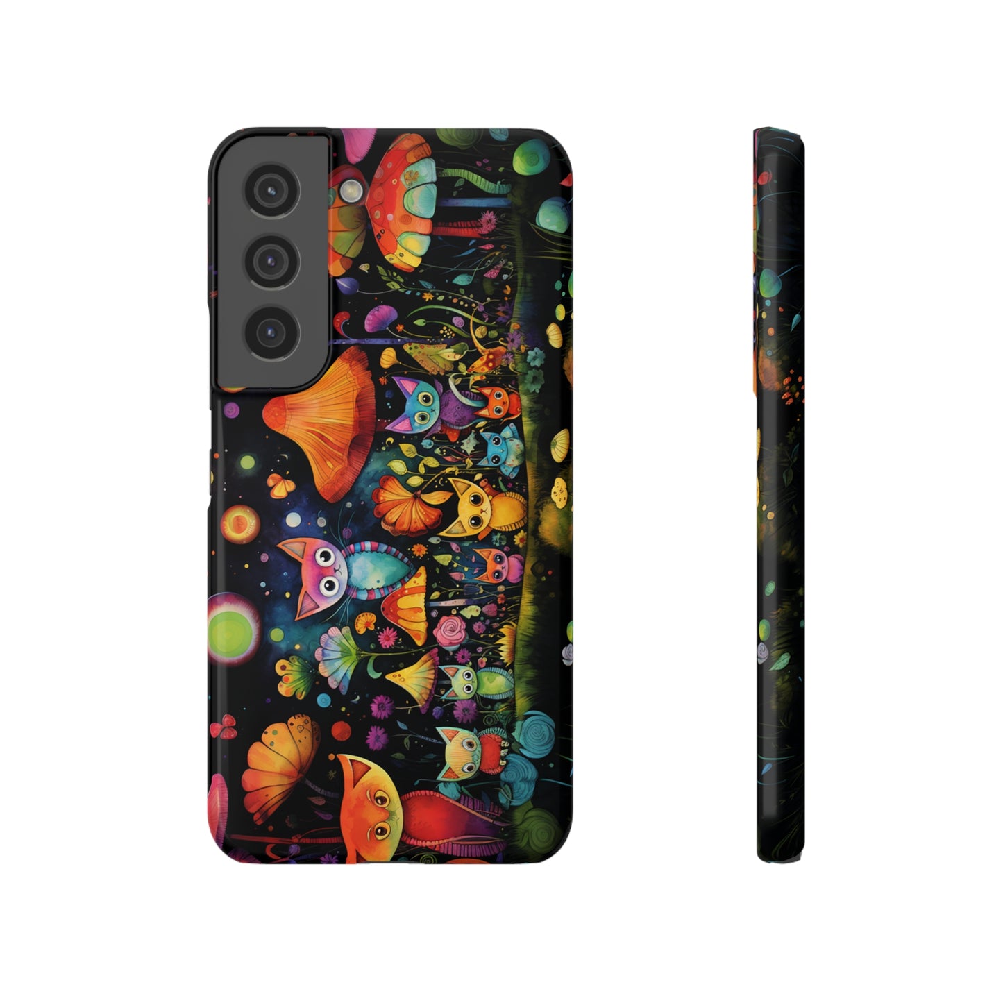 Mystical Cats Amidst a Garden of Flowers and Mushrooms, Beneath a Starry Sky Samsung Slim Cases