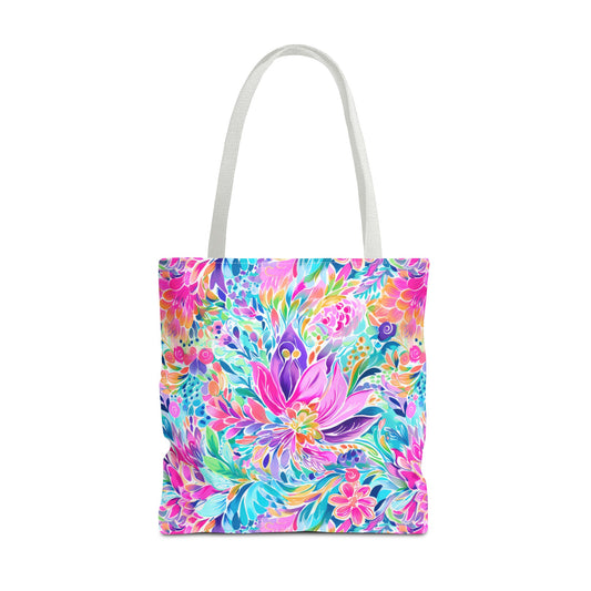 Tropical Prism: Rainbow Watercolor Flowers in Full Bloom Canvas Tote Bag 3 Sizes