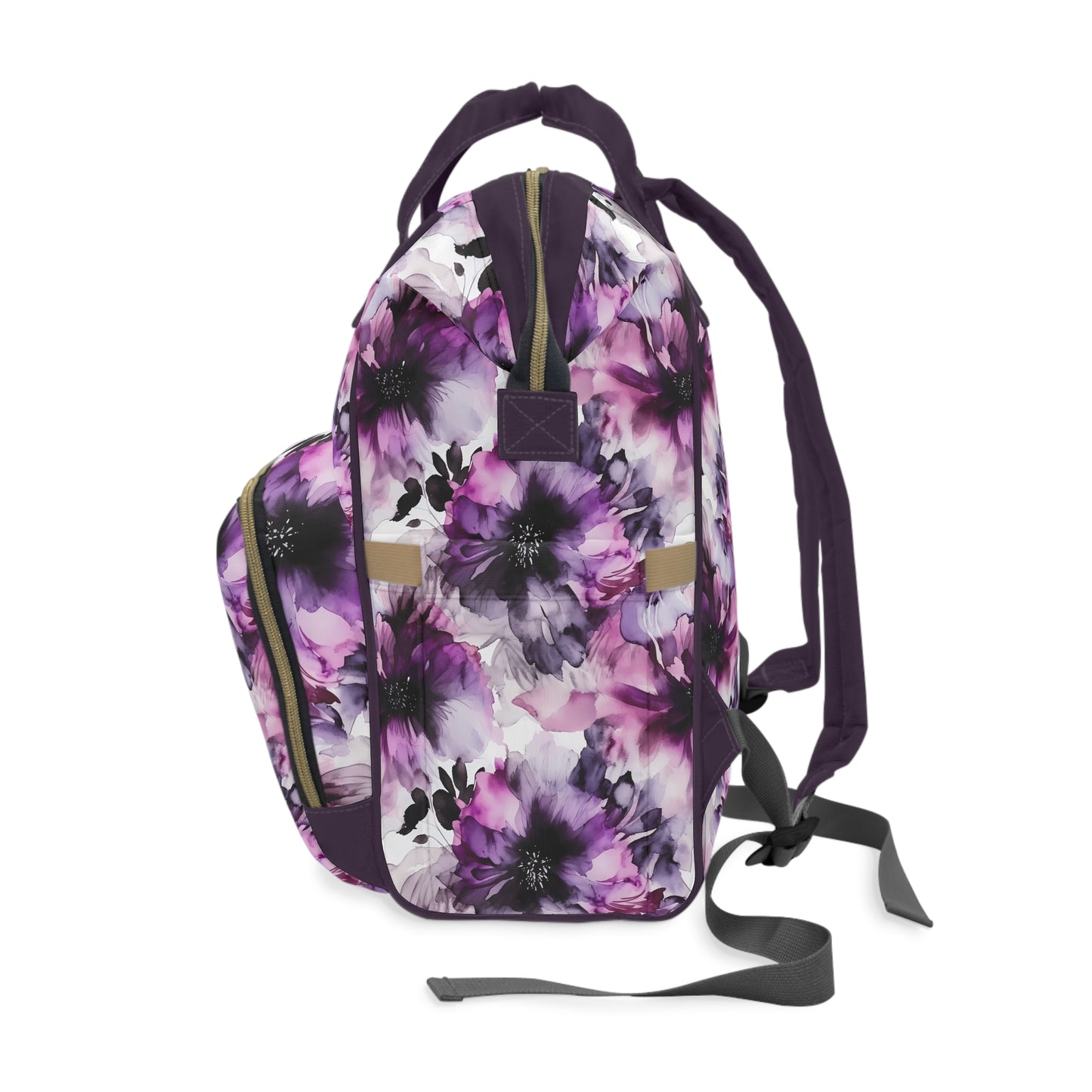 Regal Splendor: Large Purple and Grey Watercolor Flower Design Multifunctional Diaper Backpack