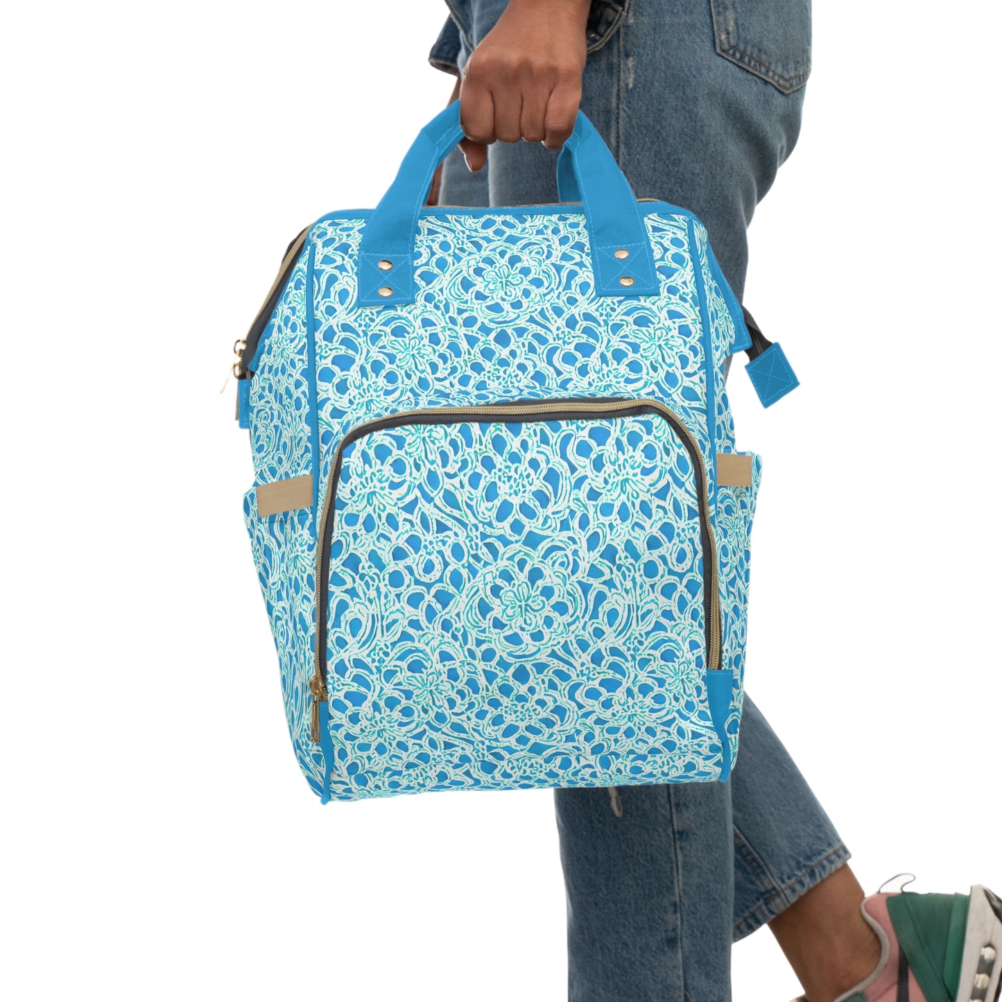 Luminous Swirls: Abstract Watercolor Floral Patterns in Lime Green and Blue Multifunctional Diaper Backpack