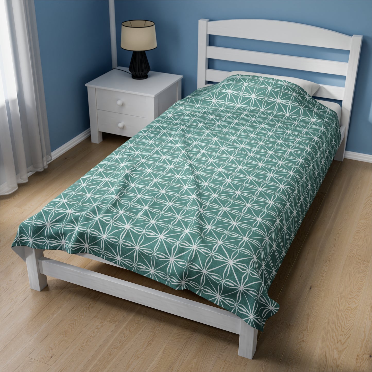 Elegant Minimalist Geometric Line Art in White and Teal Pattern Velveteen Plush Blanket 3 Sizes