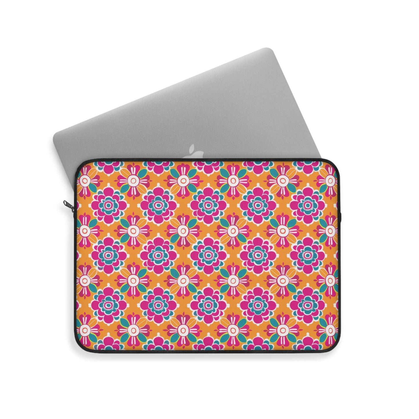 Array of Stylized Floral Motifs in Vivid Pink, Teal, and White Set Against a Warm Orange Backdrop Laptop or Ipad Protective Sleeve 3 Sizes Available