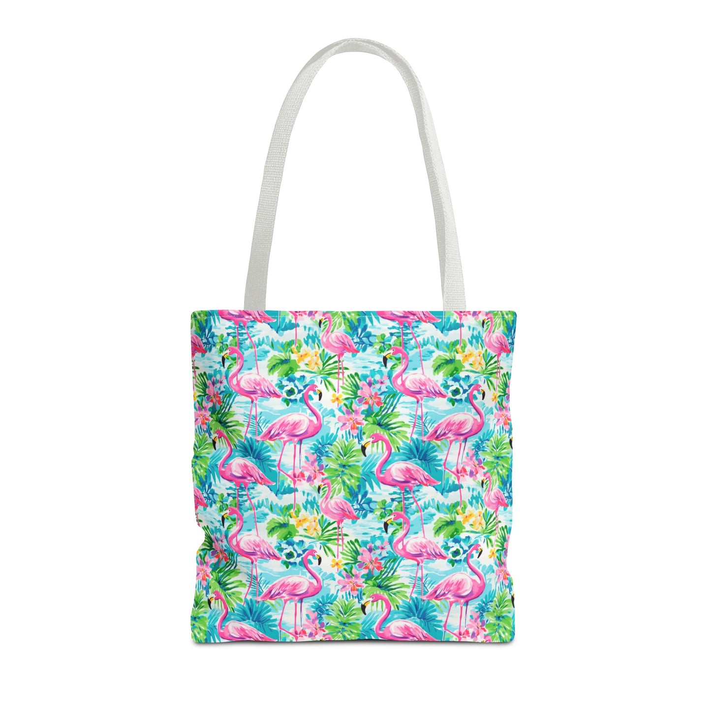 Tropical Flamingo Haven: Surrounded by Flowers and Palm Trees Canvas Tote Bag 3 Sizes