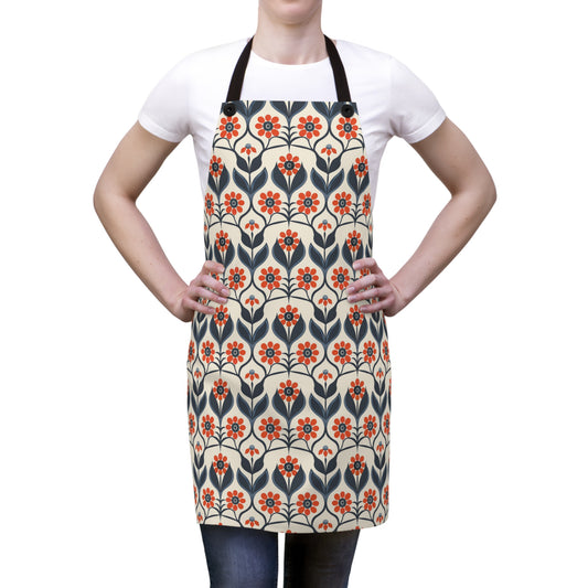 Vintage Charming Danish Floral Pattern of Red and Navy Blue Flowers Kitchen Chef Apron