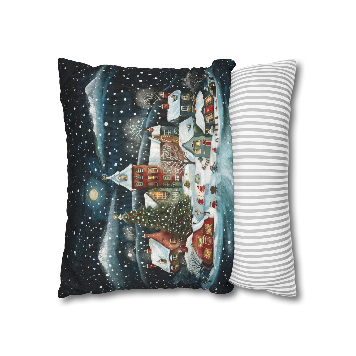 Midnight Magic: Winter Town Aglow with Christmas Decorations and Tree Spun Polyester Square Pillowcase 4 Sizes