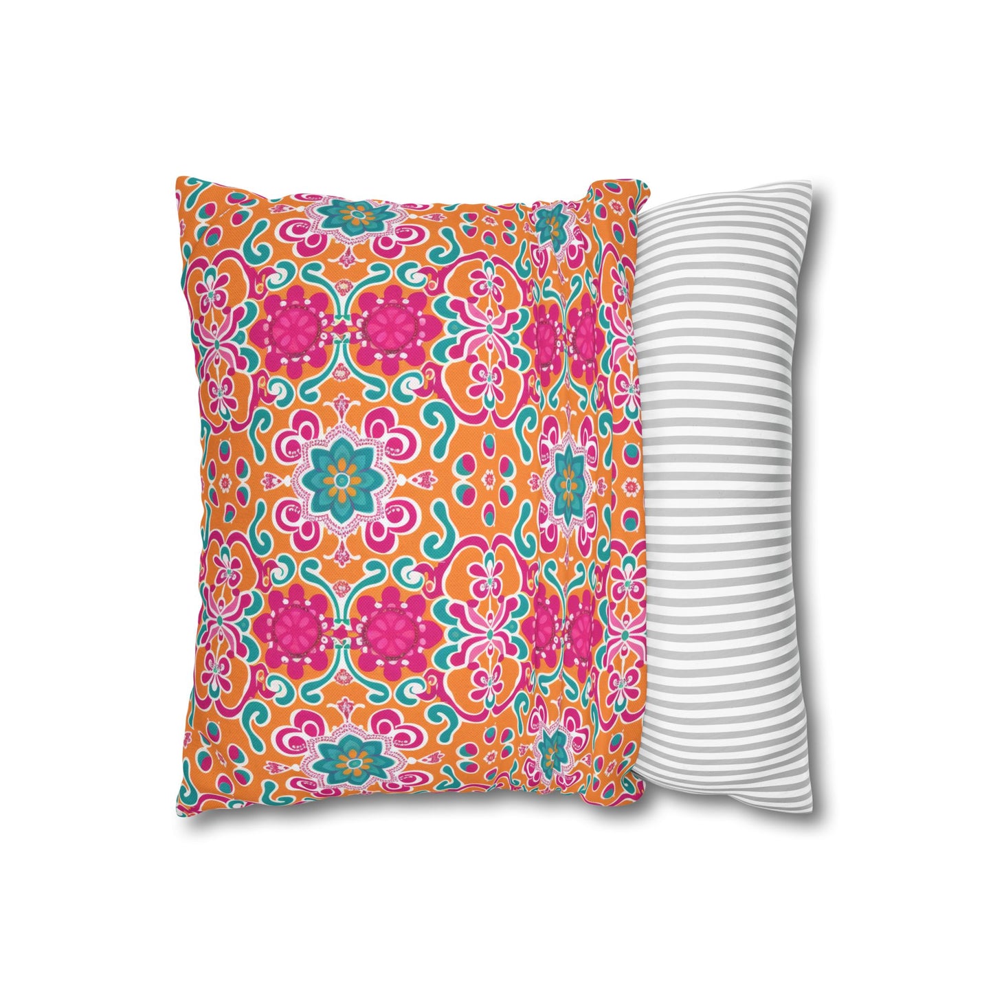 Kaleidoscope of Warm Tangerine, Lush Teal, and Lively Pink Blooms Polyester Square Pillowcase 4 Sizes