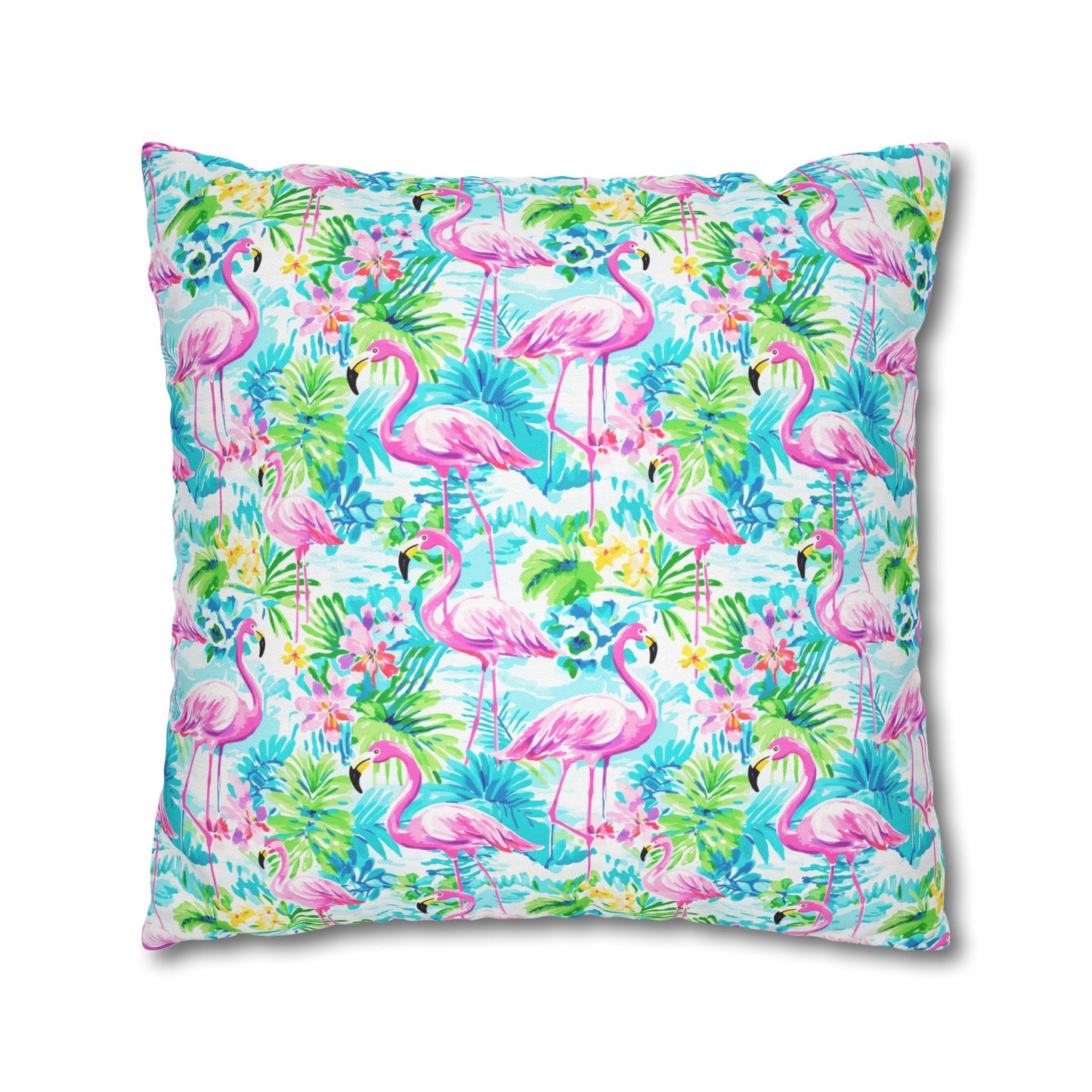 Tropical Flamingo Haven: Surrounded by Flowers and Palm Trees Spun Polyester Square Pillowcase 4 Sizes