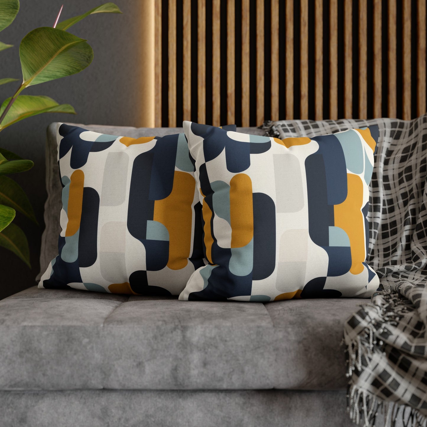 Modern Retro with Bold Geometric Pattern in Mustard and Navy Spun Polyester Square Pillowcase 4 Sizes